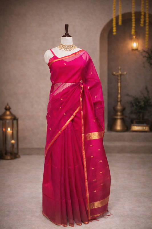 Rani Pink Maheshwari Handloom Saree with Golden Zari Border & Buti Motifs