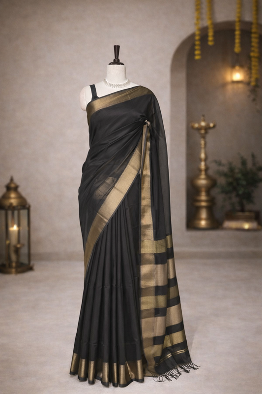 Black Maheshwari Handloom Saree with Golden Border Elegant Traditional Ethnic Wear