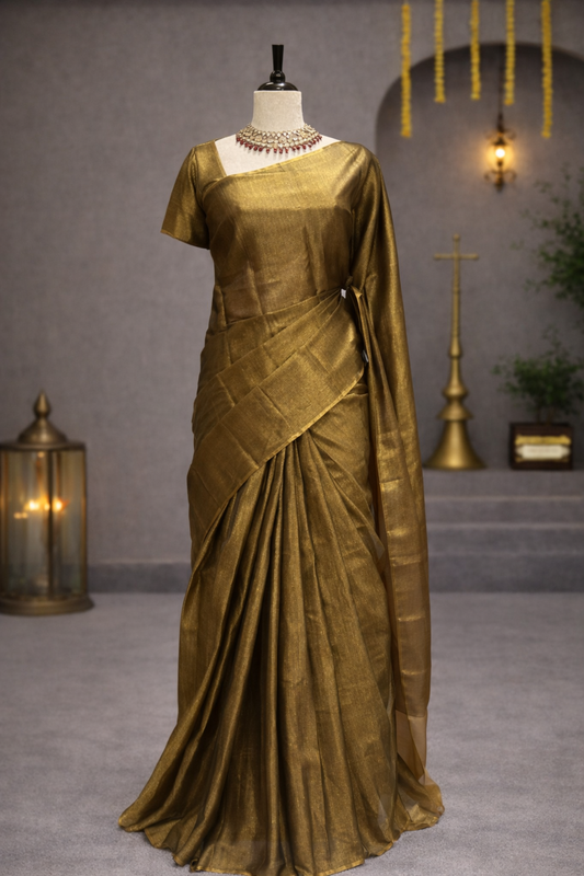 Golden Olive Maheshwari Handloom Saree with Soft Shine & Elegant Border