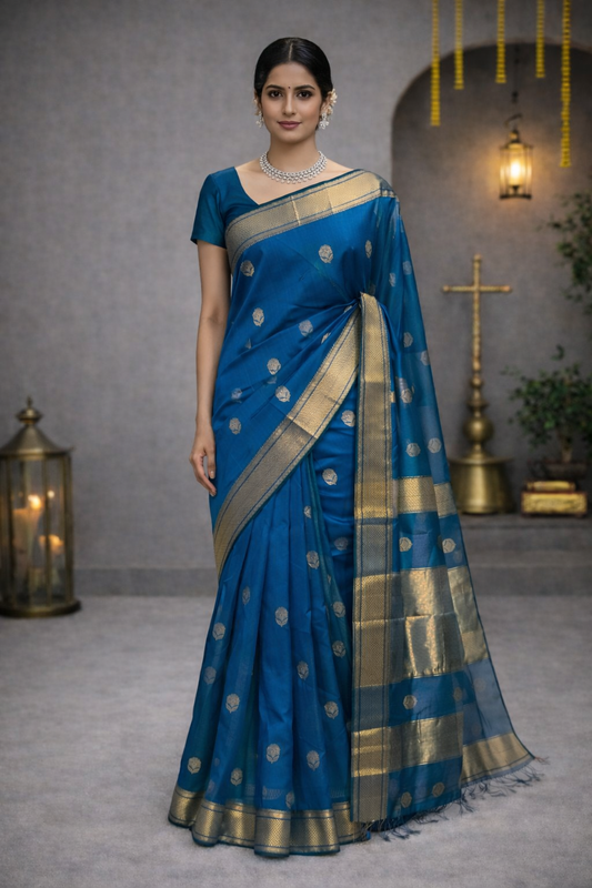 Blue Maheshwari Handloom Saree with Silver Buti and Golden Border