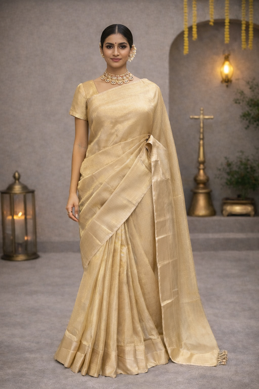 Golden Beige Maheshwari Handloom Saree with Soft Shine and Elegant Border