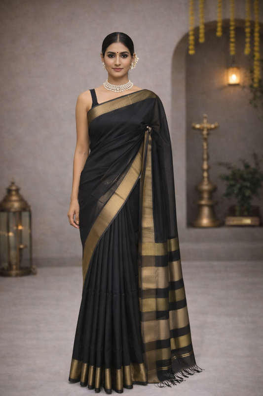 Black Maheshwari Handloom Saree with Golden Border Elegant Traditional Ethnic Wear