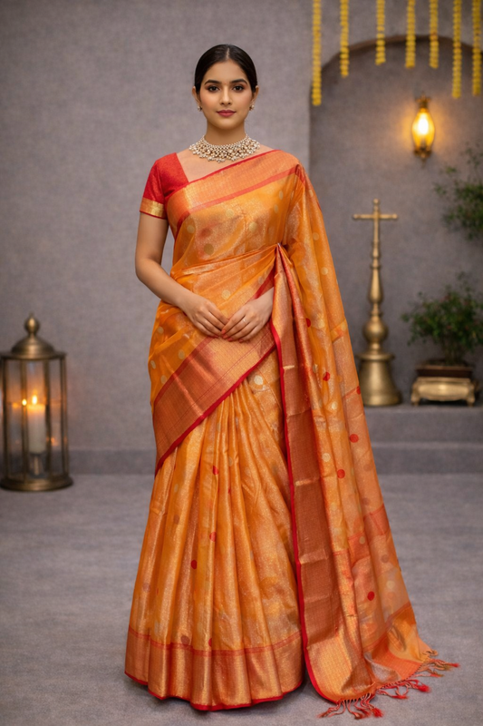Festive Wear Golden Yellow Maheshwari Saree with Elegant Coral Border