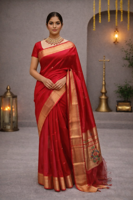 Rich Red Maheshwari Saree with Golden Border for Festive & Wedding Wear