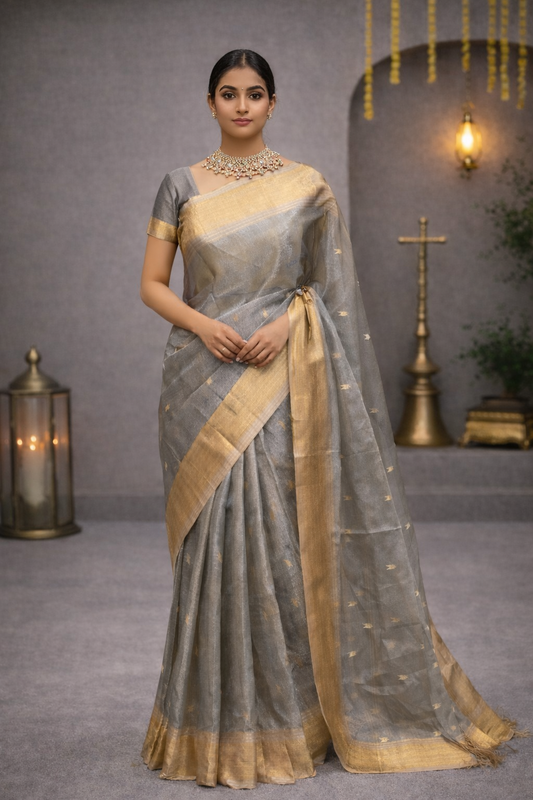 Soft Grey Maheshwari Saree with Gold Border and Woven Motifs