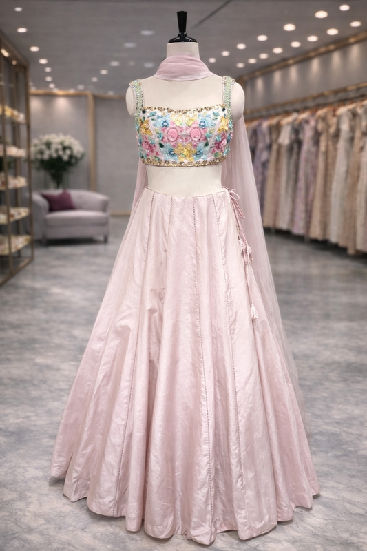 Blush Bloom Baby Pink Silk Lehenga with Multicolor Sequin Highlights