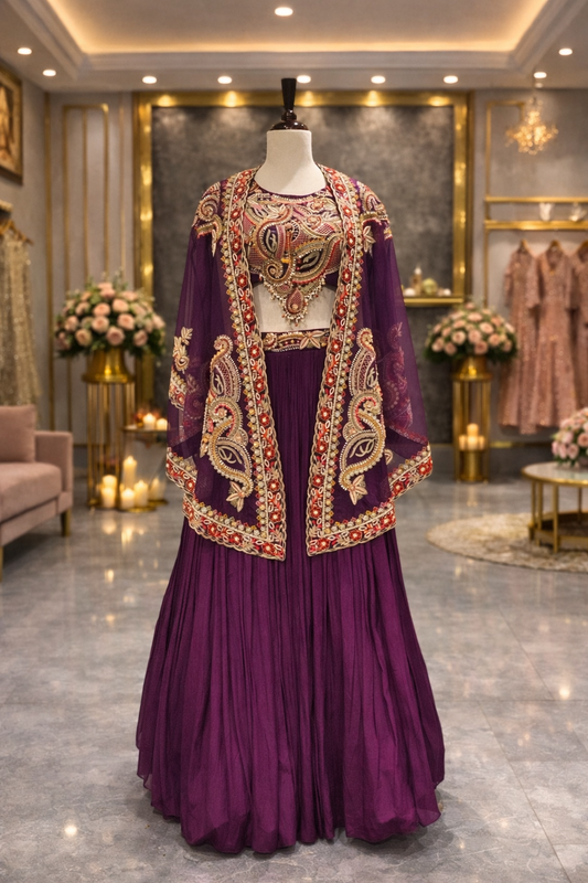 Royal Dark Purple Jacket-Style Indo-Western Lehenga with Multicolor Resham Embroidery