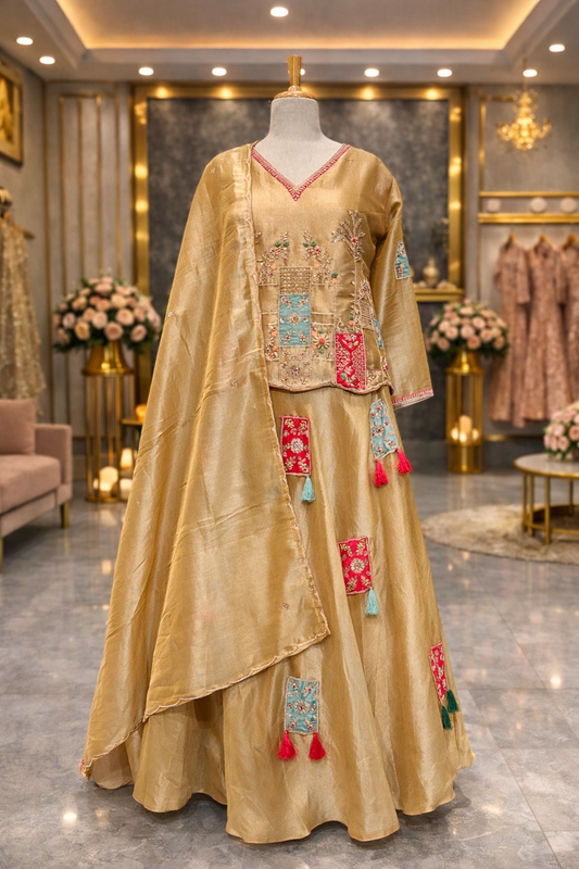 Golden Yellow Patchwork Style Indo-Western Lehenga Set with Hand Zardozi Detailing