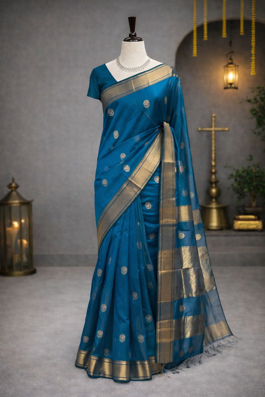 Blue Maheshwari Handloom Saree with Silver Buti and Golden Border