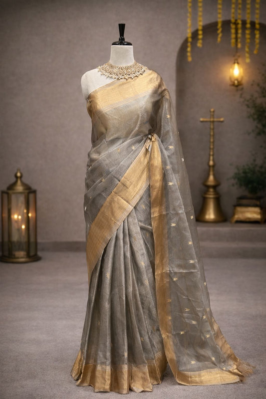 Soft Grey Maheshwari Saree with Gold Border and Woven Motifs