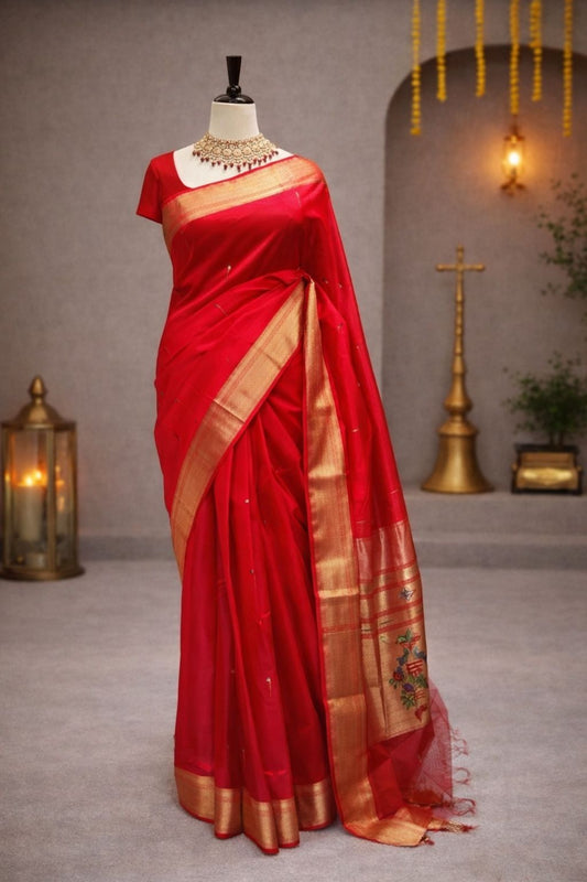 Rich Red Maheshwari Saree with Golden Border for Festive & Wedding Wear