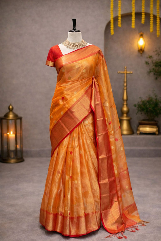Festive Wear Golden Yellow Maheshwari Saree with Elegant Coral Border