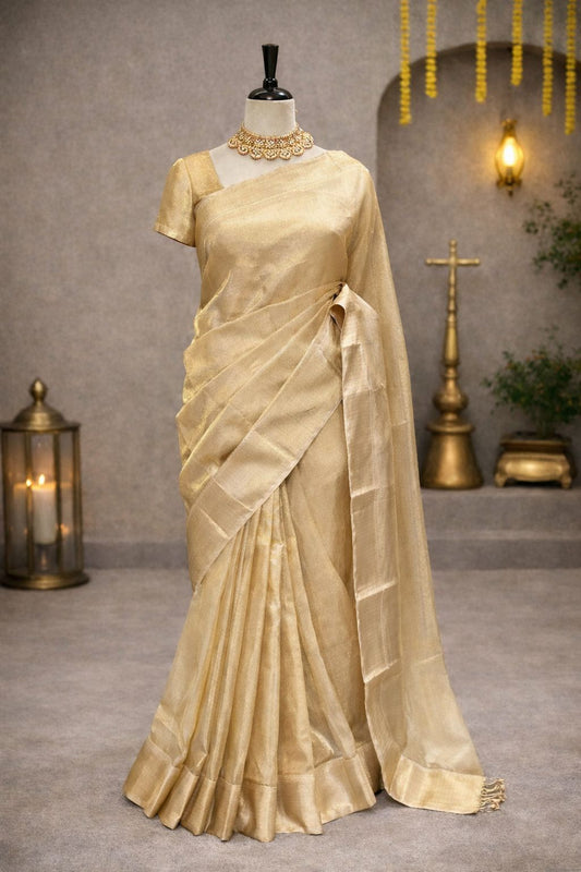 Golden Beige Maheshwari Handloom Saree with Soft Shine and Elegant Border