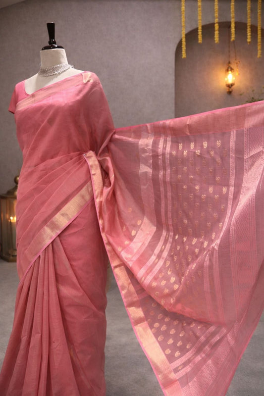 Lovely Blush Pink Maheshwari Saree with Golden Border A Perfect Elegant Pick