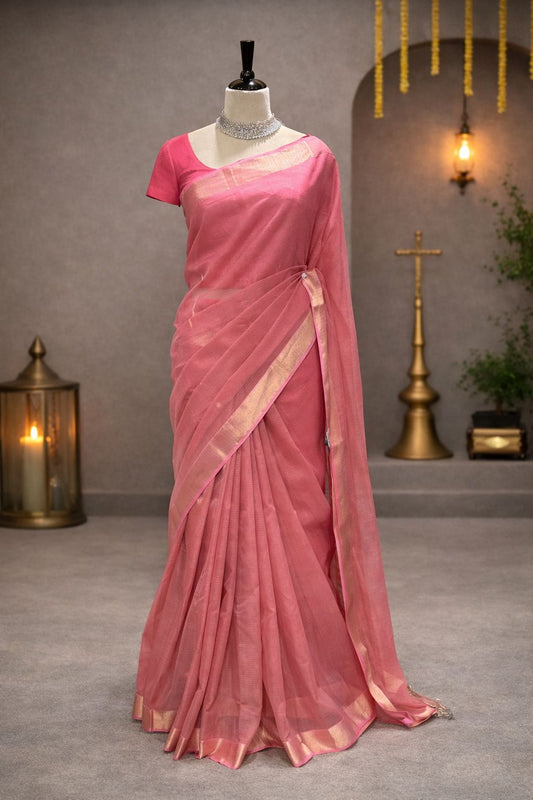 Lovely Blush Pink Maheshwari Saree with Golden Border A Perfect Elegant Pick