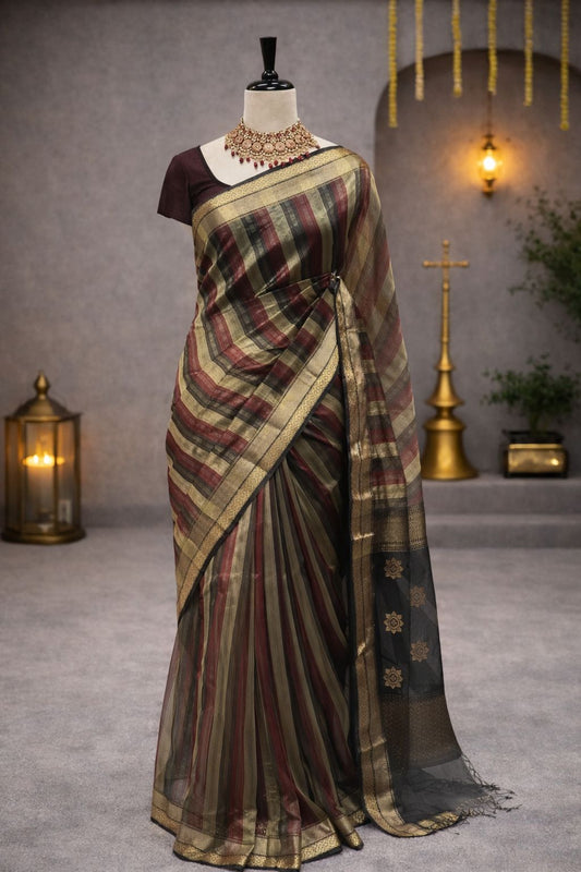 Royal Black Maheshwari Handloom Saree with Gold Border & Floral Butti Pallu