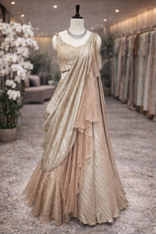 Golden Draped Indo-Western Lehenga with Organza Ruffle Detailing