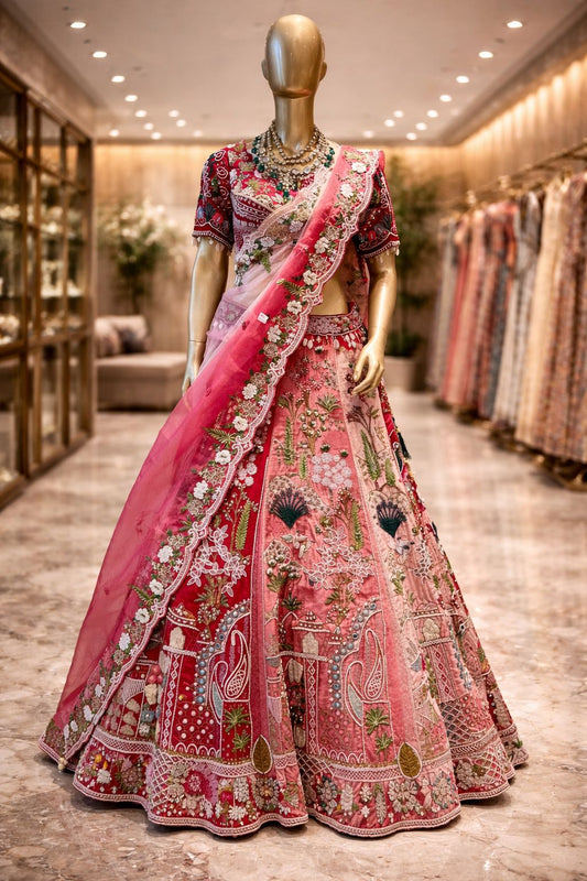 Cherry Blossom Pink Embroidered Bridal Lehenga with Designer Net Dupatta