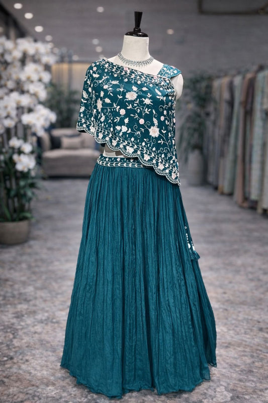Elegant Rama Green Cape Style Indo-Western Lehenga with Floral Handwork