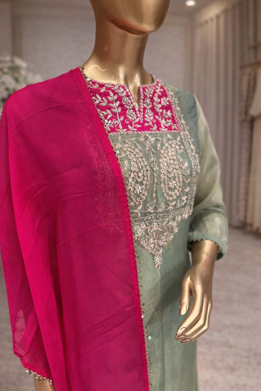 Sage Green Tissue Straight Suit Set with Magenta Organza Dupatta