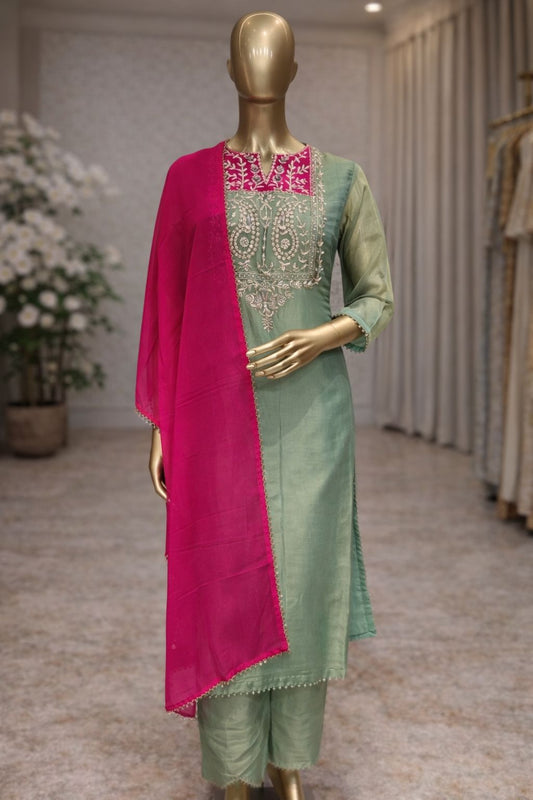 Sage Green Tissue Straight Suit Set with Magenta Organza Dupatta