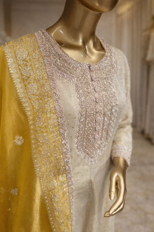 Ivory Tissue Short Anarkali Set with Multicolor Dupatta
