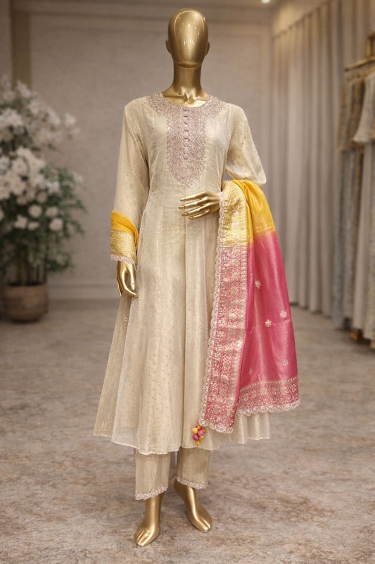Ivory Tissue Short Anarkali Set with Multicolor Dupatta