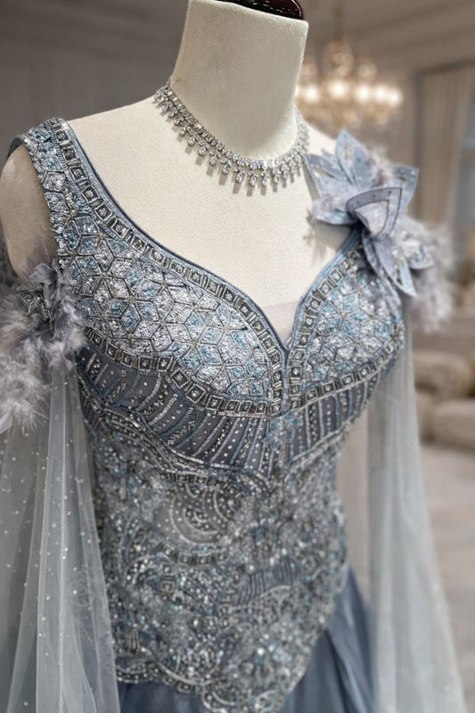 Silver Grey Party Wear Gown with Stylish Cape Sleeves