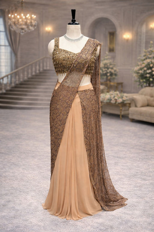 Golden Beige Ready-to-Wear Saree with Embellished Blouse & Shimmer Draping