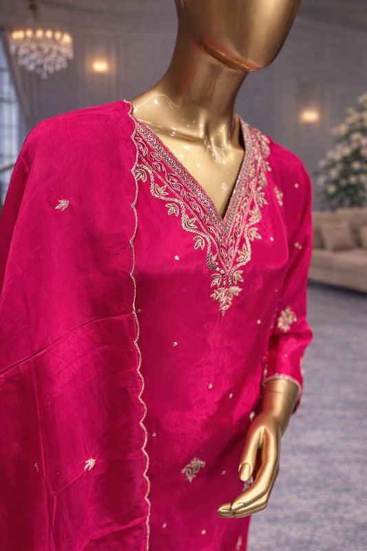 Rani Pink Embroidered Kurti Sharara Set with Matching Dupatta