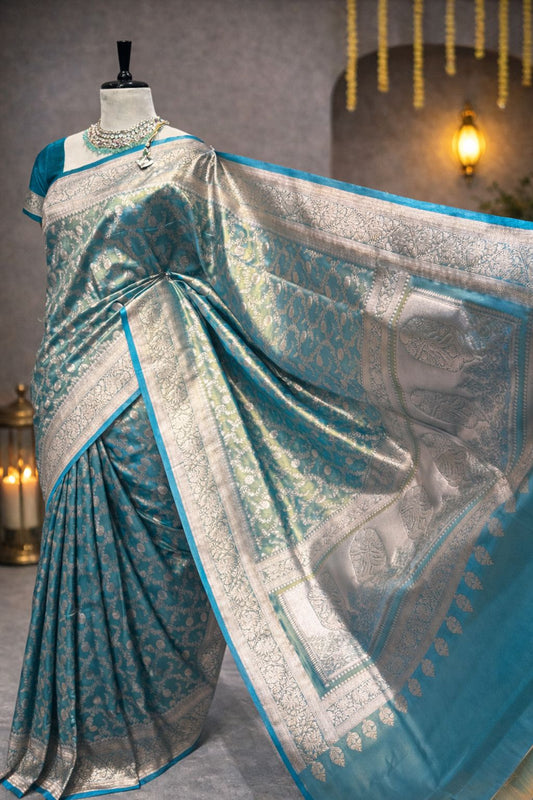 Teal Blue Pure Banarasi Handloom Tissue Saree with Silver Zari Weaving