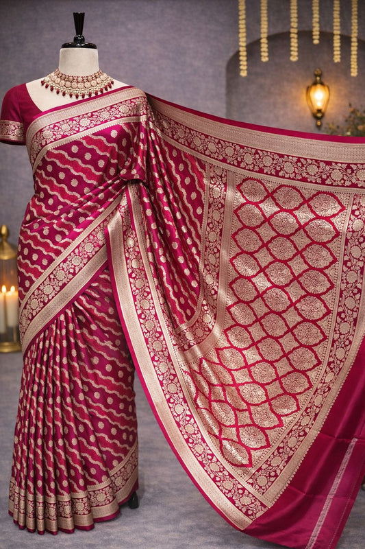 Cherry Pink Banarasi Handloom Silk Saree with Heavy Border & Designer Pallu