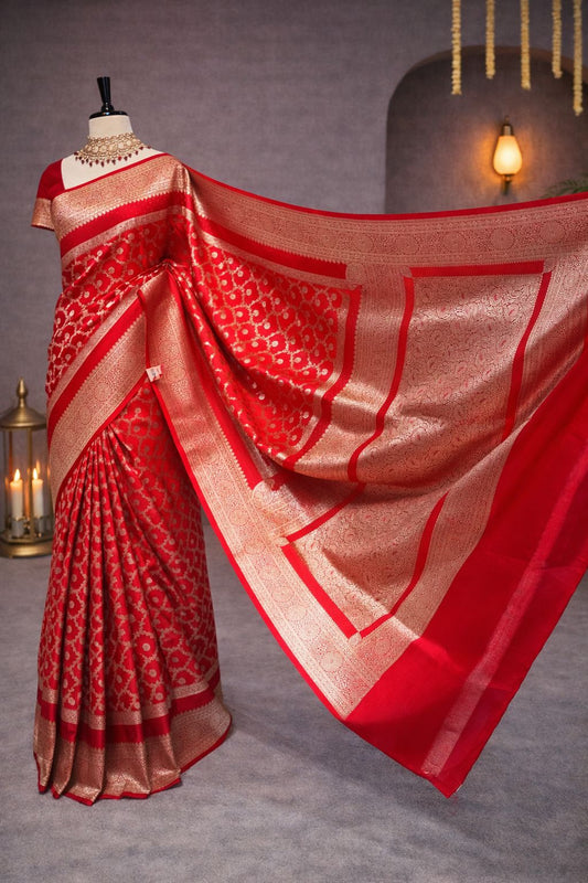 Red Pure Banarasi Handloom Silk Saree with Rich Pallu and Dual Border