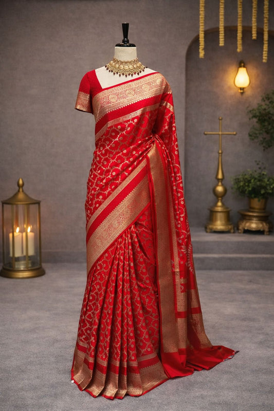 Red Pure Banarasi Handloom Silk Saree with Rich Pallu and Dual Border