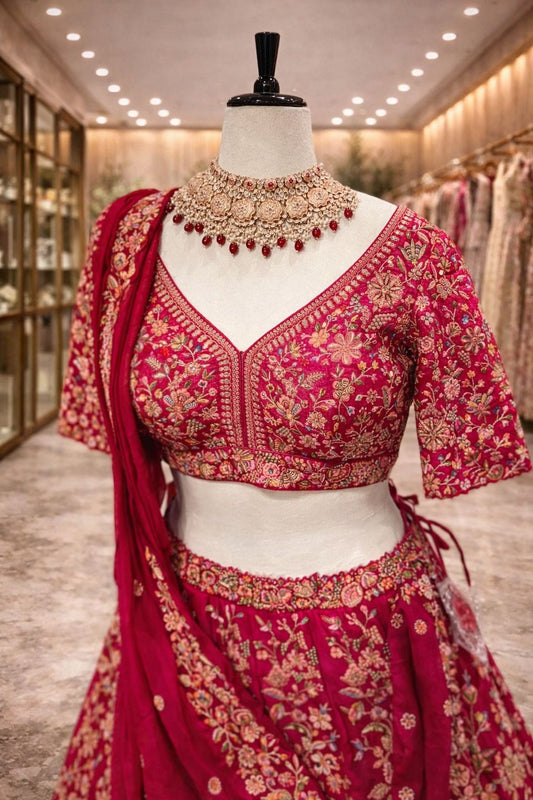 Royal Rani Pink Raw Silk Lehenga with All-Over Floral Embroidery