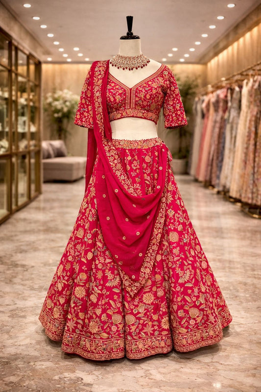 Royal Rani Pink Raw Silk Lehenga with All-Over Floral Embroidery