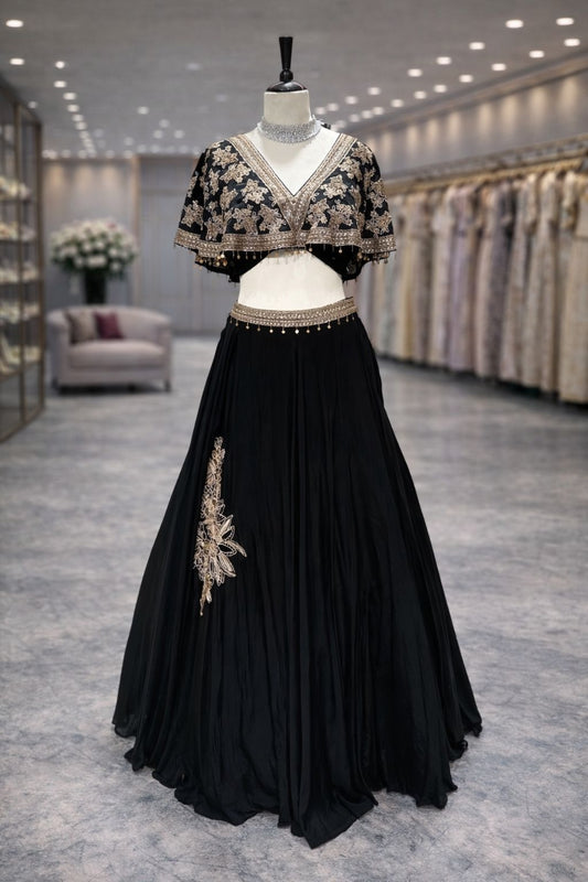 Midnight Elegance Black Indo-Western Lehenga with Embroidered Cape Blouse