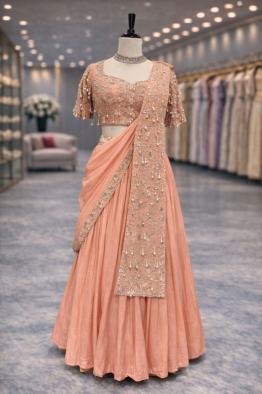 Soft Peach Draped Indo-Western Lehenga with Pearl & Sequin Embellishment