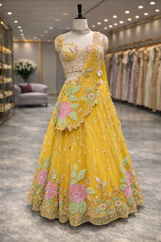 Blooming Sunshine Pastel Yellow Applique Indo-Western Draped Lehenga