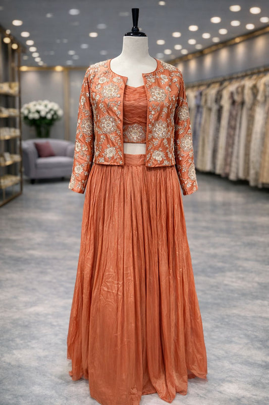 Rust Orange Jacket Style Indo-Western Lehenga with Hand Zardozi Embroidery