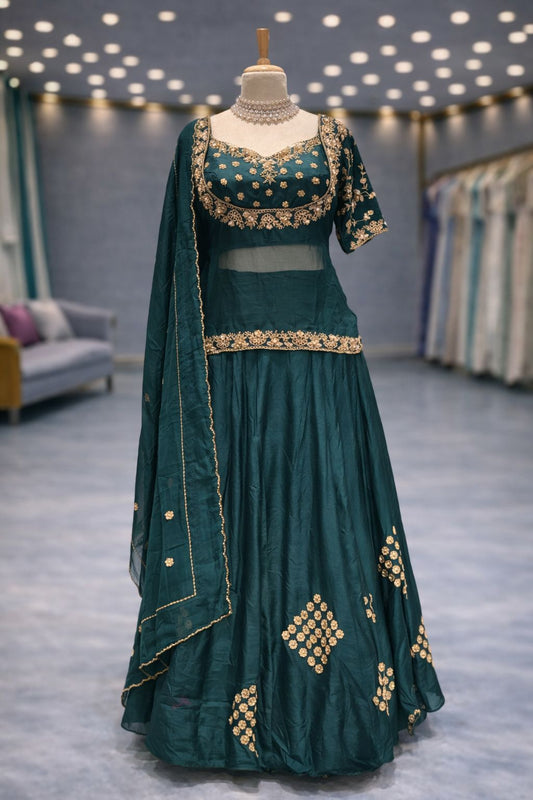 Royal Bottle Green Indo-Western Lehenga with Elegant Hand Zardozi Embroidery