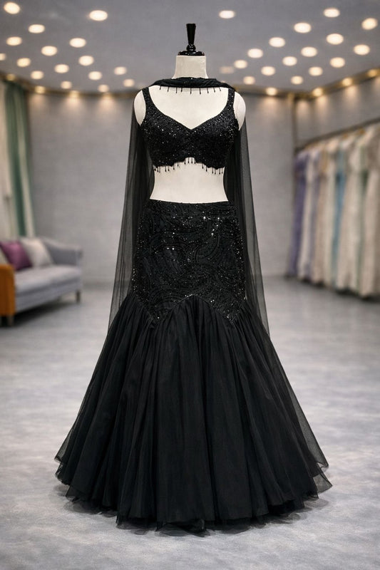 Midnight Glam Fish-Cut Indo-Western Lehenga in Black with Sequin & Kardana Embroidery