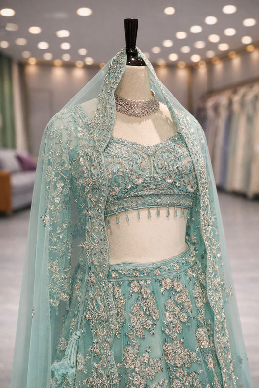 Frosted Elegance Ice Blue Lehenga with Sequin, Kardana & Resham Detailing