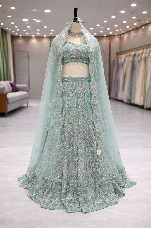 Frosted Elegance Ice Blue Lehenga with Sequin, Kardana & Resham Detailing