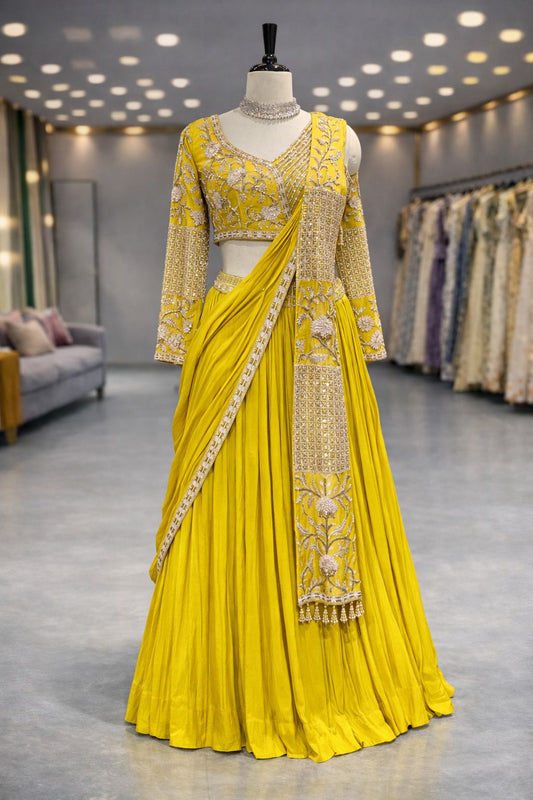 Sunshine Lemon Green Draped Indo-Western Lehenga with Pearl & Kardana Embroidery