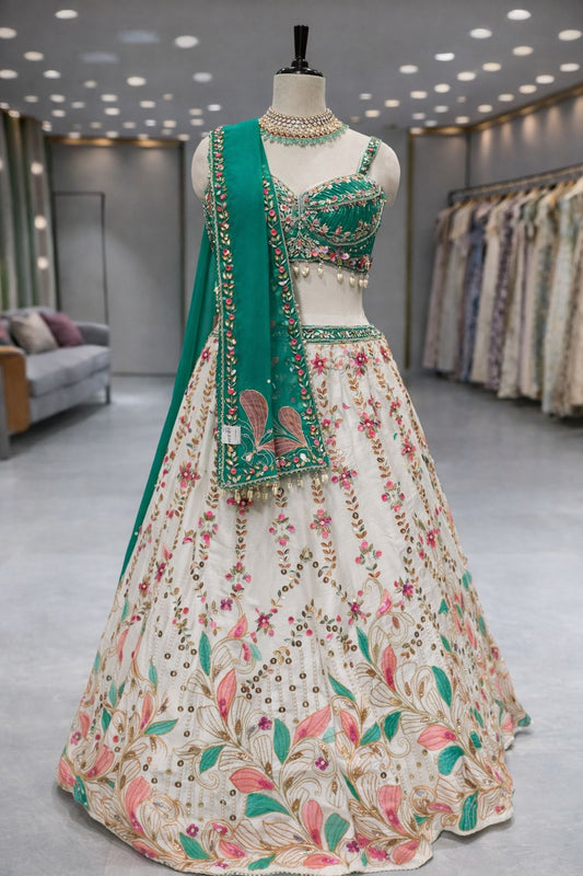 Emerald Charm White & Green Raw Silk Lehenga with Beads and PVD Detailing