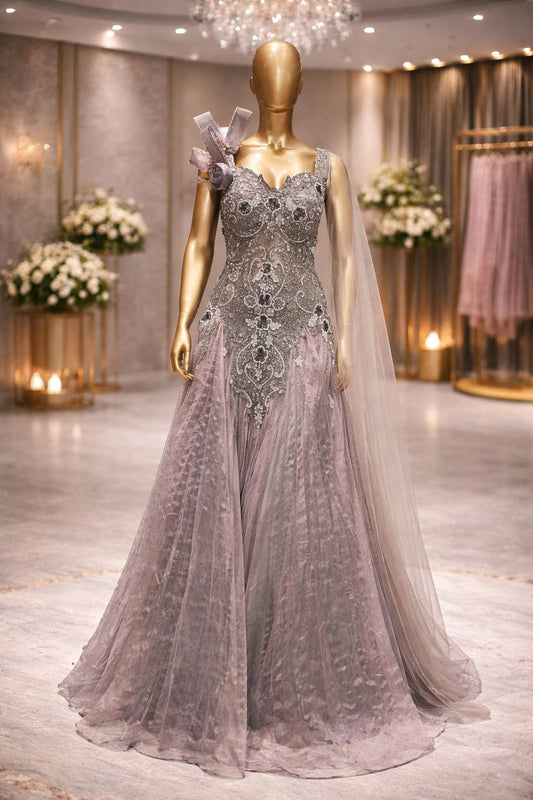 Shimmering Lavender & Grey Sequin-Embellished Jimmy Choo Party Gown for Women