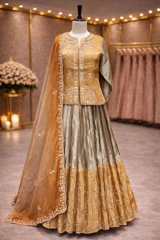 Grey & Golden Indo-Western Lehenga with Hand Gota Patti Embroidered Jacket