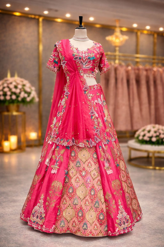 Vibrant Hot Pink Raw Silk Lehenga with Pearl & Zardozi Hand Embellishments