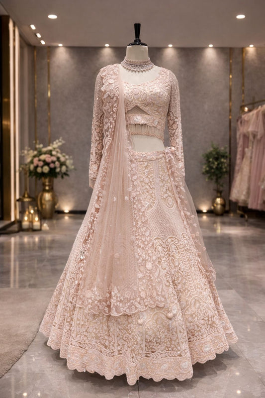 Blush Elegance Light Peach Lehenga with Intricate Monotone Detailing